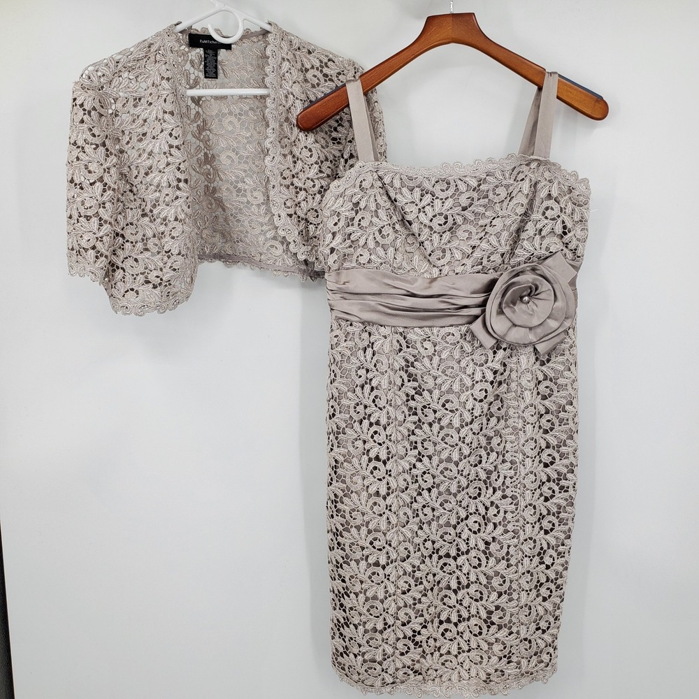 R&M Richards 12 Taupe Metallic Floral Lace 2PC Dress Bolero Mother Bride Formal